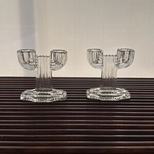 Vintage Art Deco Style Pressed Glass Candle Holders Set of 2